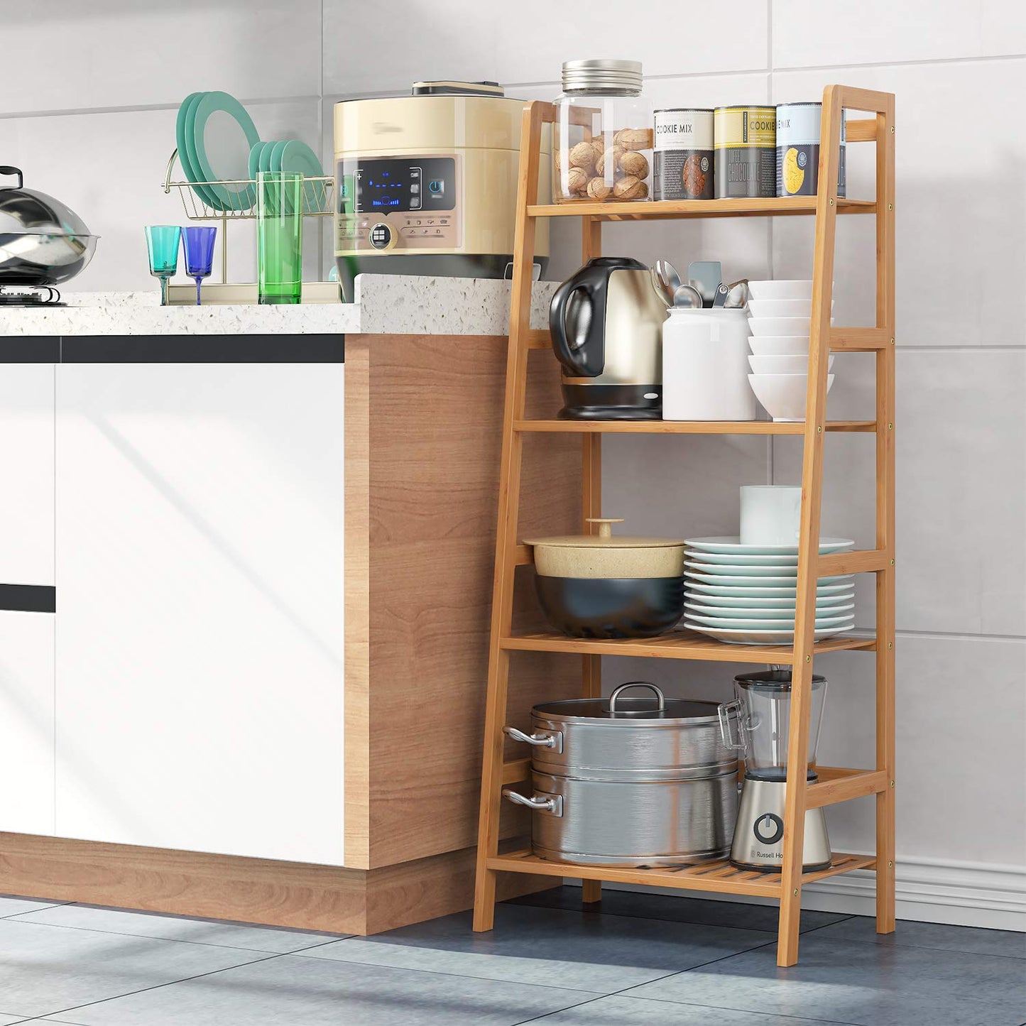 4-Tier Decorative Bamboo Ladder Storage Shelf 116x48x32cm