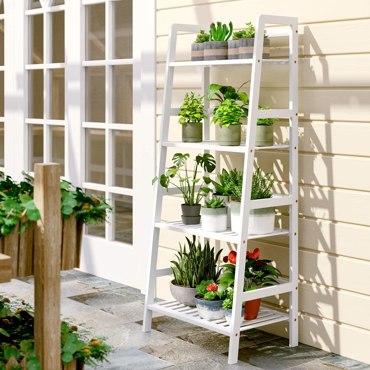 4-Tier Decorative Bamboo Ladder Storage Shelf 116x48x32cm